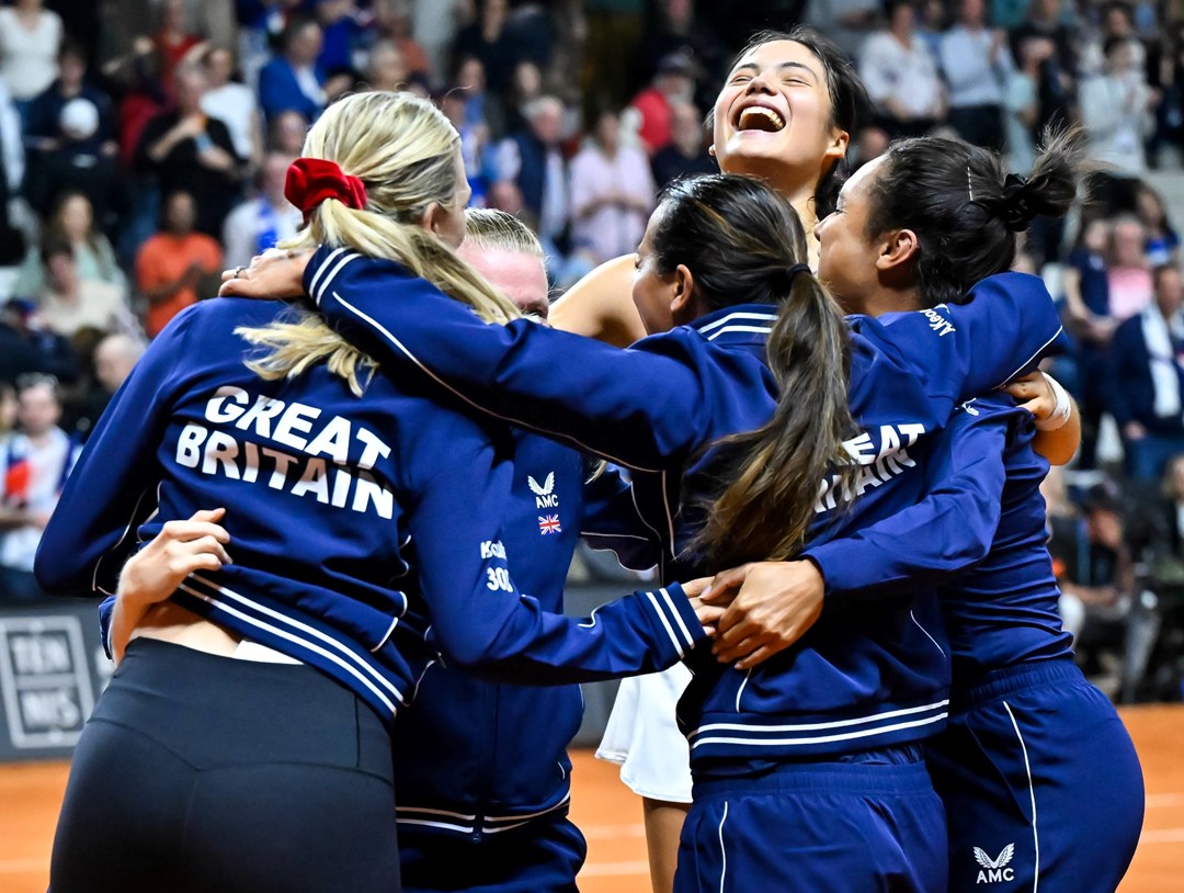 The Great Britain Billie Jean King Cup team celebrating victory over France