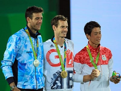 Andy Murray, Delpotro and Nishikori at the 2016 Rio Olympics with their medals on
