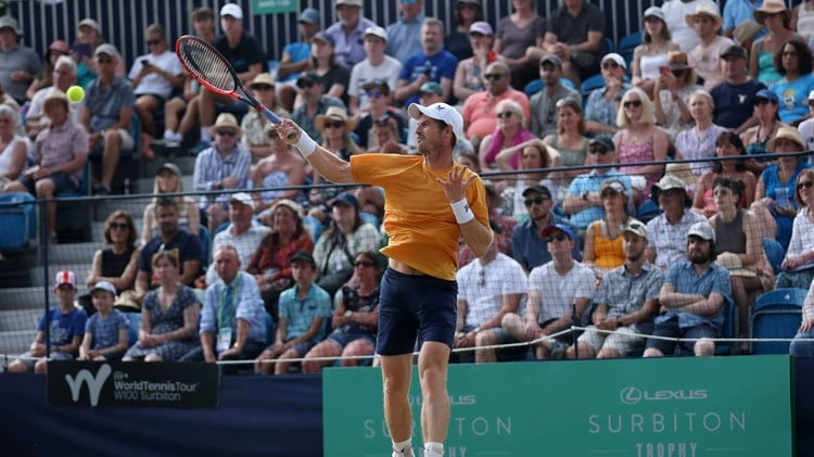 Andy Murray hits a forehand in the Lexus Surbiton Trophy final