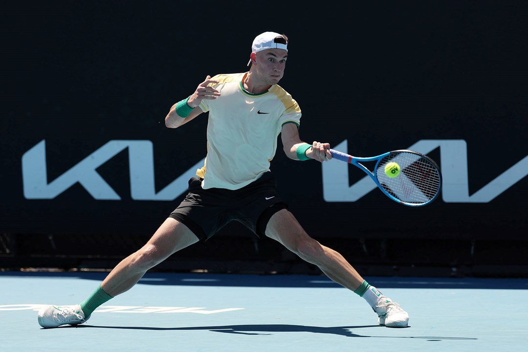 Jack Draper hits a forehand in the first round of the Australian Open