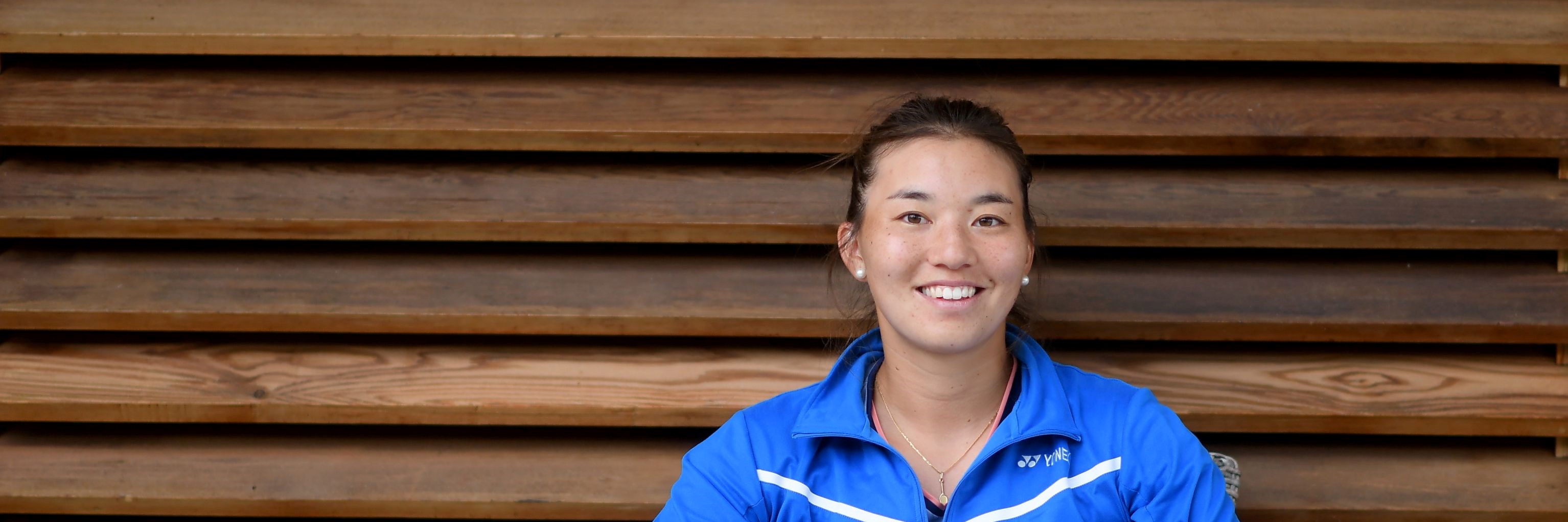 Lily Miyazaki smiling off court at the British Tour tournament at the National Tennis Centre