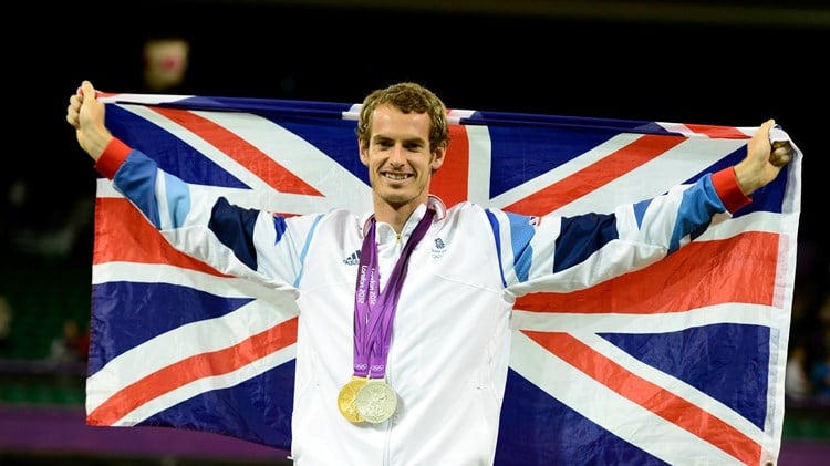 Andy Murray with a gold and silver medal at the London 2012 Olympics