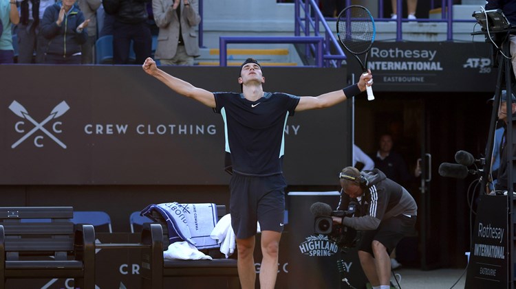 Jack Draper celebrating after winning his second round match against Diego Schwartzman on day five of the Rothesay International Eastbourne 2022