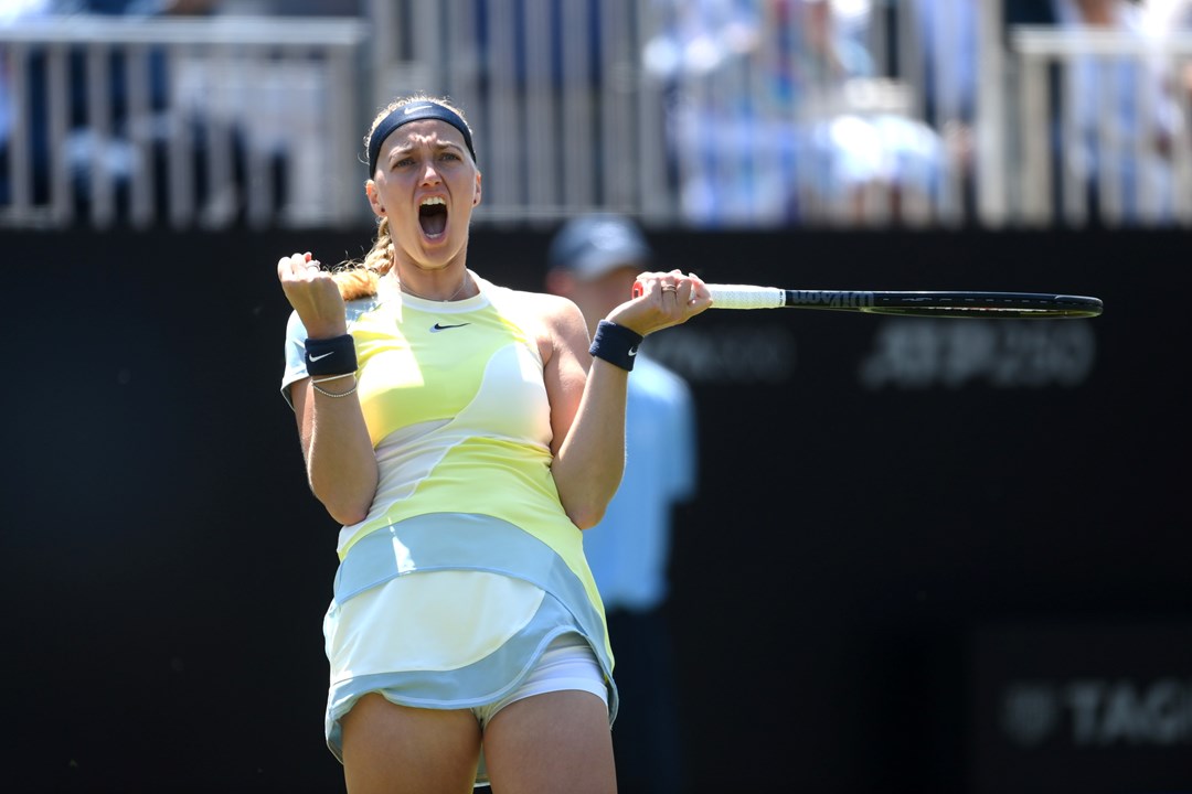 Petra Kvitova celebrating after winning match point against Beatriz Haddad Maia in the semi-finals of the Rothesay International Eastbourne