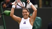 Jodie Burrage cheers after coming through the first round at Wimbledon 2023
