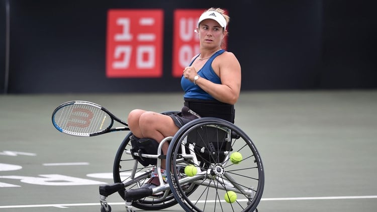 Lucy Shuker celebrating after winning a point during  her women's singles quarter-final match at the 2022 British Open