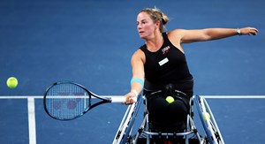 Lucy Shucker of Great Britain plays a shot against Diede de Groot and Jiske Griffioen of Netherlands in the women's doubles final during the Lexus British Open Wheelchair Tennis Championships at Lexus Nottingham Tennis Centre on August 05, 2023 in Nottingham, England.