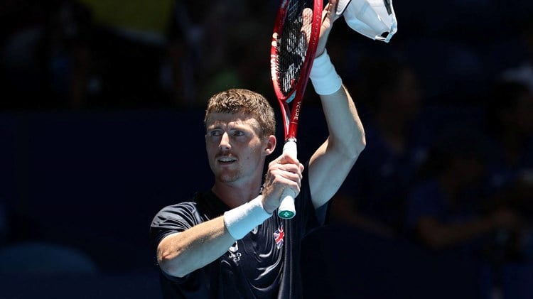 Billy Harris applauds the crowd after winning his first match against Japan at the 2026 United Cup
