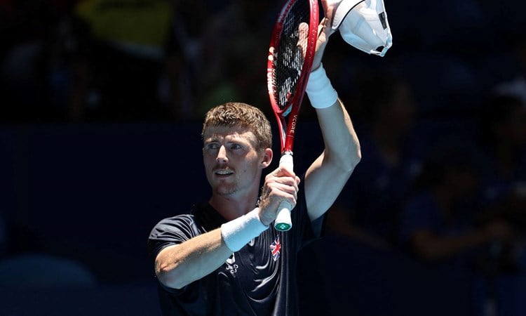 Billy Harris applauds the crowd after winning his first match against Japan at the 2026 United Cup