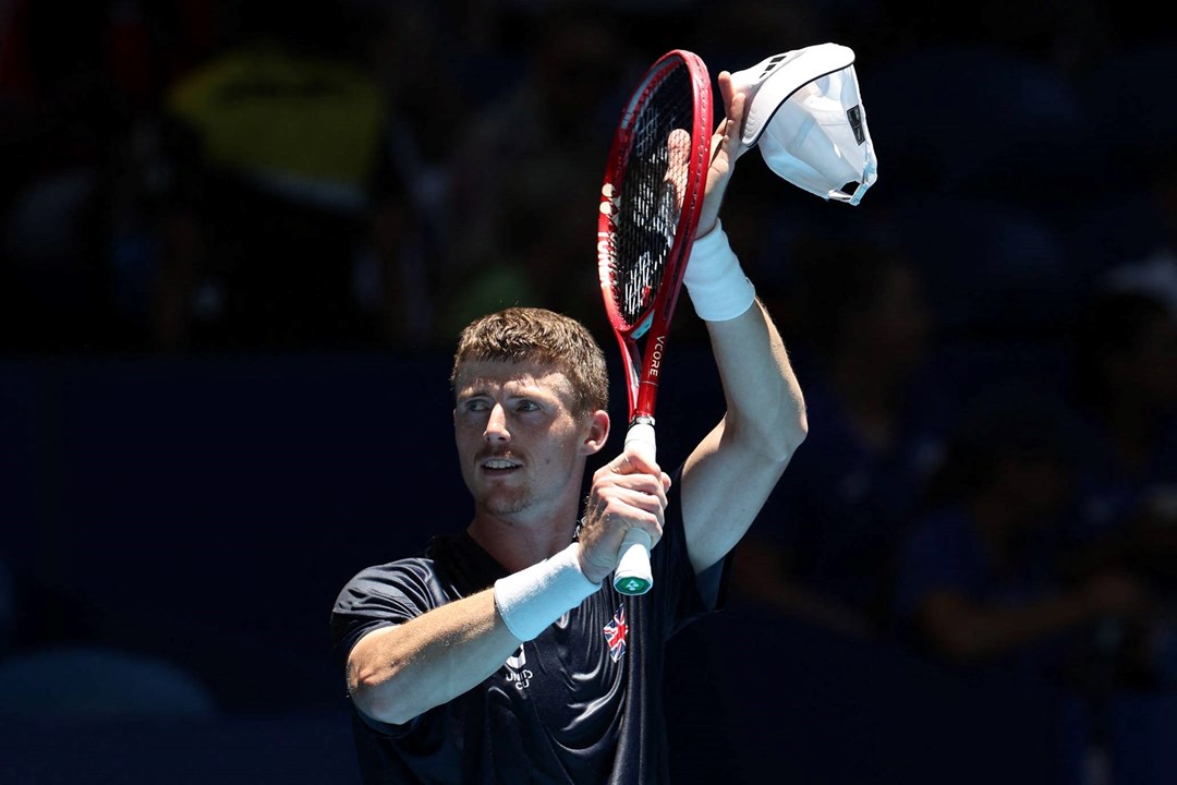 Billy Harris applauds the crowd after winning his first match against Japan at the 2026 United Cup