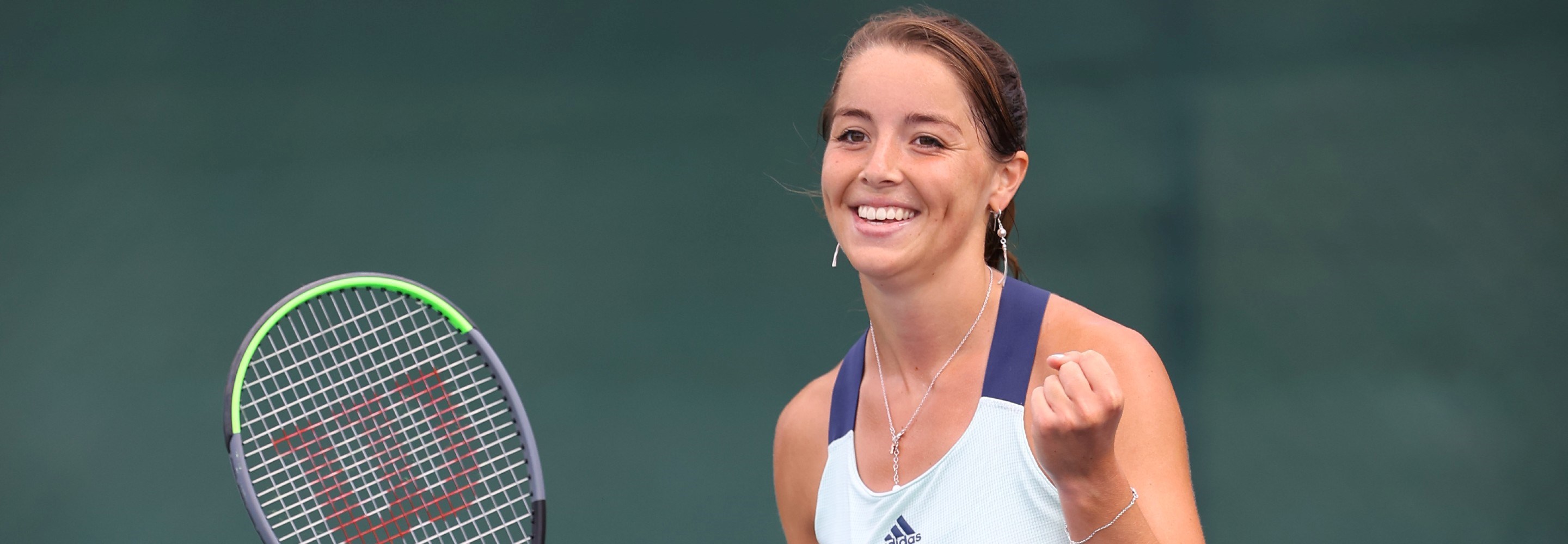 Jodie Burrage of Union Jacks celebrates winning her women's singles match against Emma Raducanu of British Bulldogs during day six of the St. James's Place Battle of The Brits Team Tennis at National Tennis Centre on August 1, 2020 