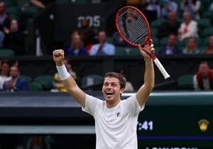 Neal Skupski of Great Britain celebrates winning their mixed doubles Final match against Joe Salisbury of Great Britain and Harriet Dart of Great Britain during Day Thirteen of The Championships - Wimbledon 2021 