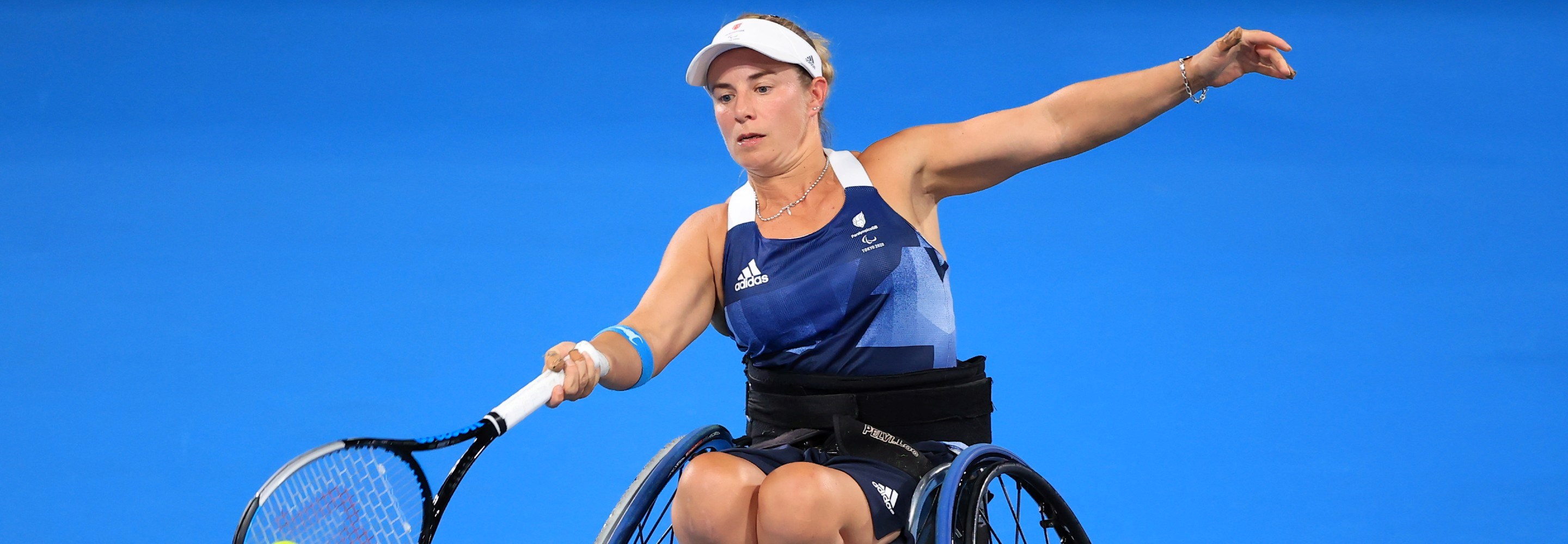 Lucy Shuker of Team Great Britain plays a forehand during the Wheelchair Women's Doubles gold medal match against Diede de Groot and Aniek van Koot of Team Netherlands on day 11 of the Tokyo 2020 Paralympic Games at Ariake Tennis Park on September 04, 2021
