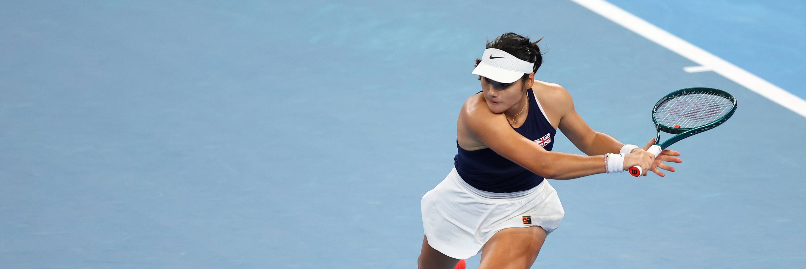 Emma Raducanu lines up a backhand at the United Cup against Greece