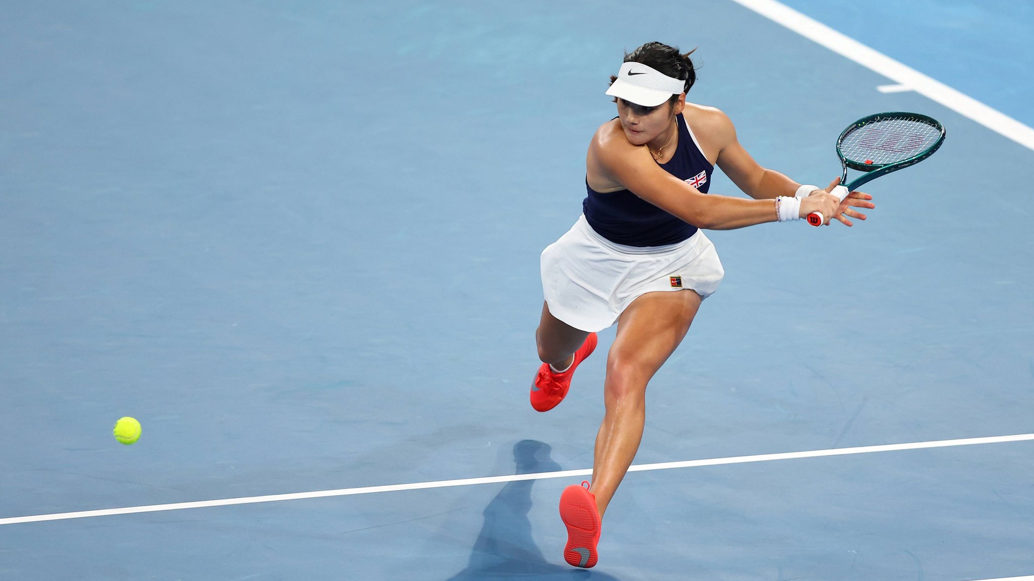 Emma Raducanu lines up a backhand at the United Cup against Greece