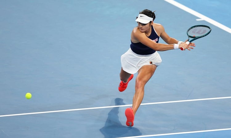 Emma Raducanu lines up a backhand at the United Cup against Greece