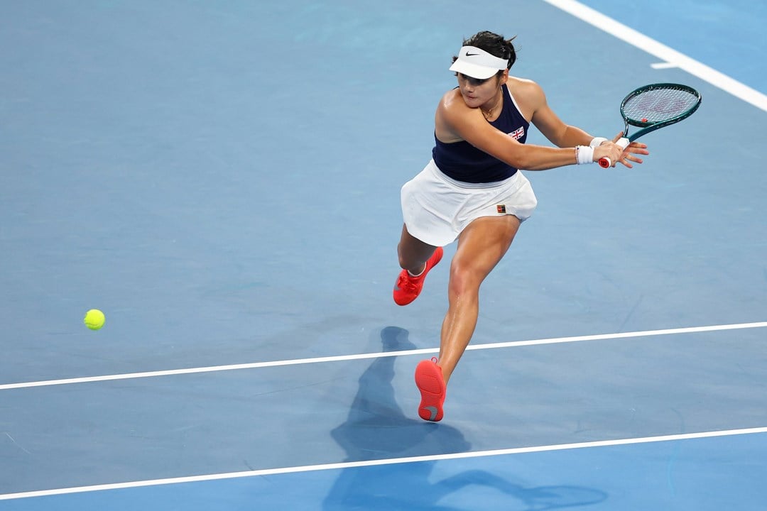 Emma Raducanu lines up a backhand at the United Cup against Greece