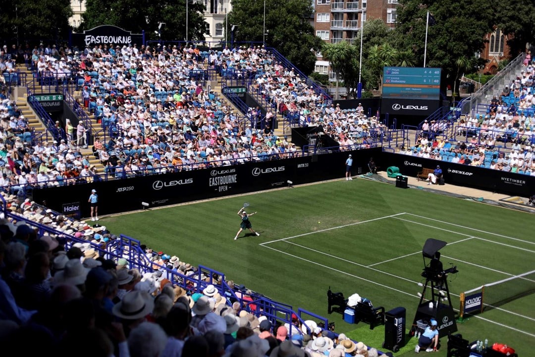 View of the centre court at the Lexus Eastbourne Open in 2025 as a player hits a forehand