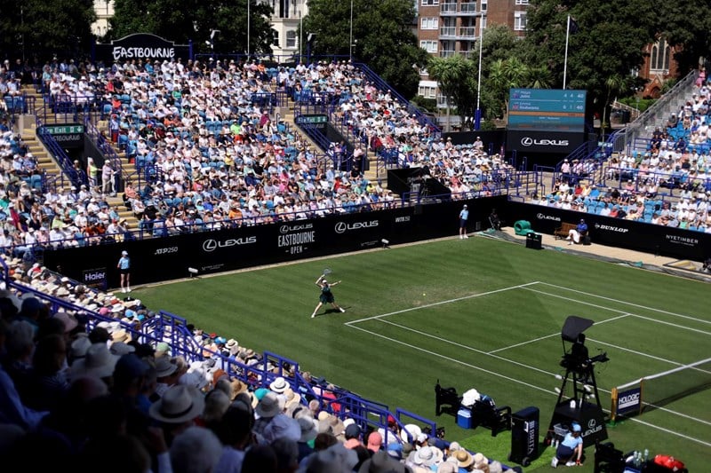 View of the centre court at the Lexus Eastbourne Open in 2025 as a player hits a forehand