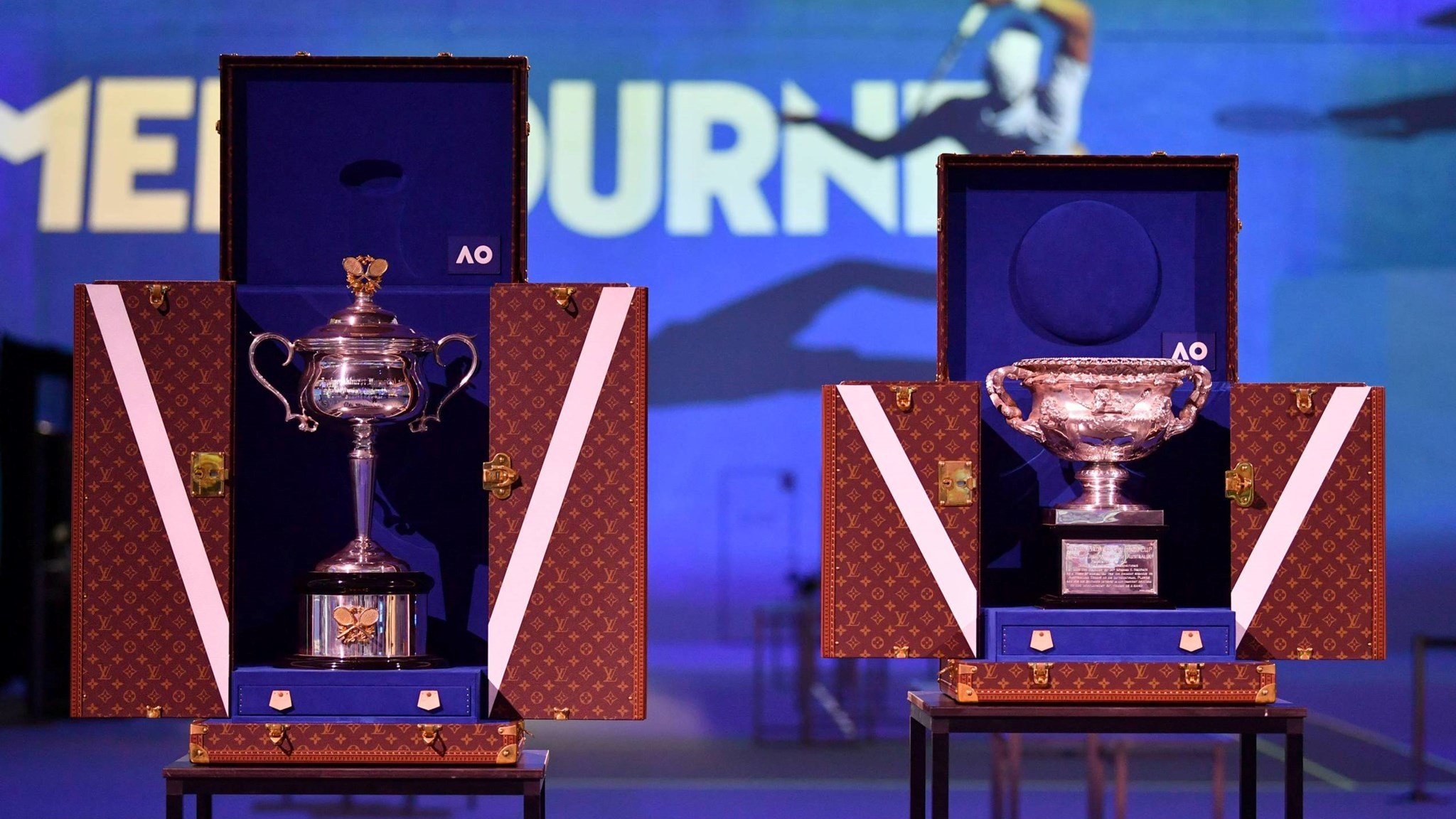 Australian Open trophies on court on the Rod Laver Arena