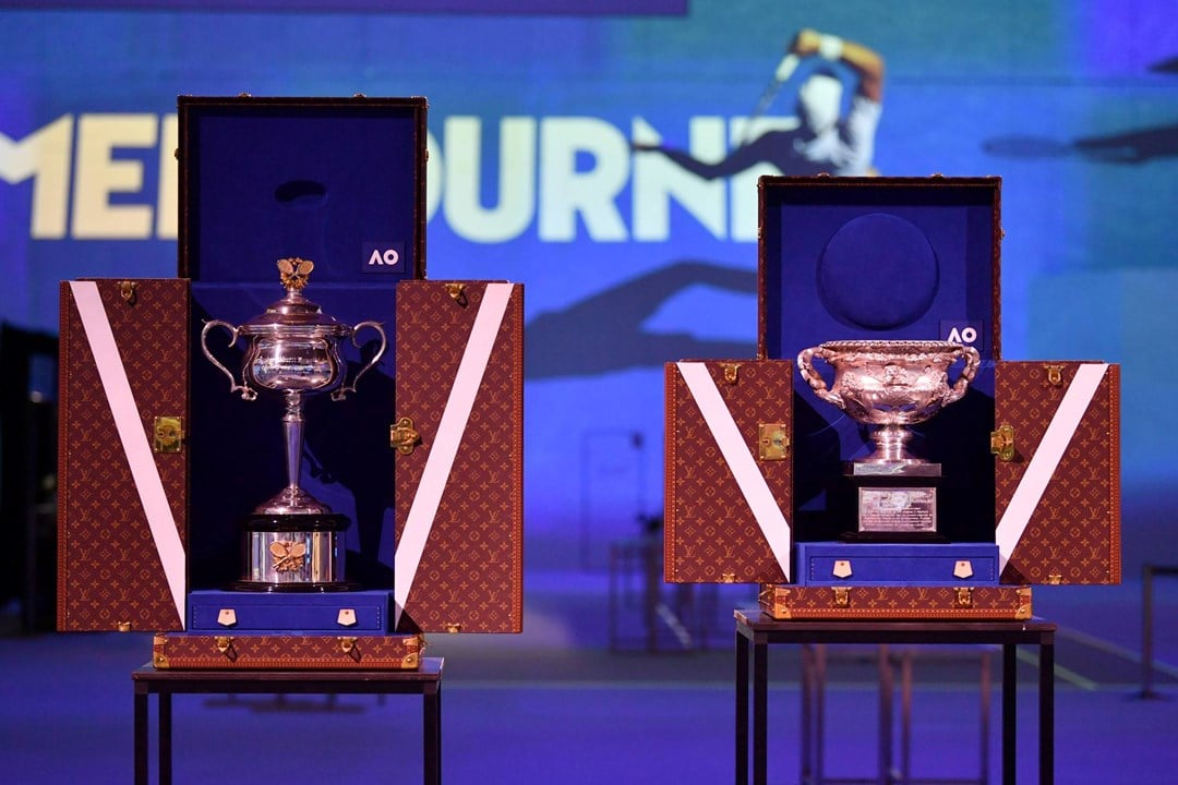 Australian Open trophies on court on the Rod Laver Arena