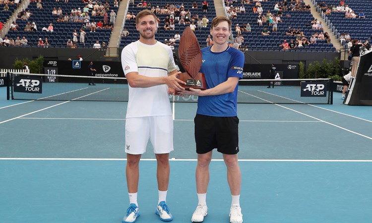 Lloyd Glasspool and Harri Heliovaara holding the 2023 Adelaide doubles title