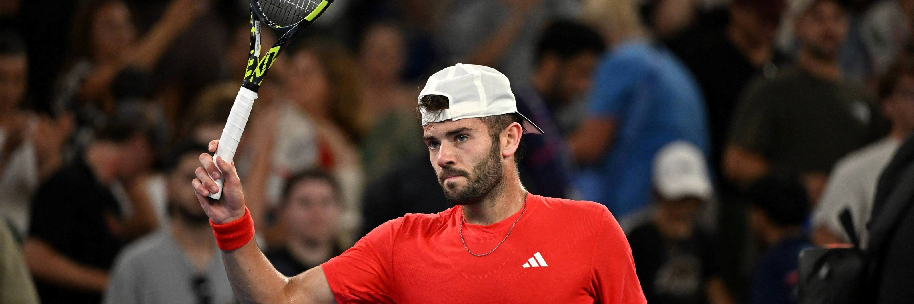 Jacob Fearnley celebrates an opening round win at the Australian Open against Nick Kyrgios