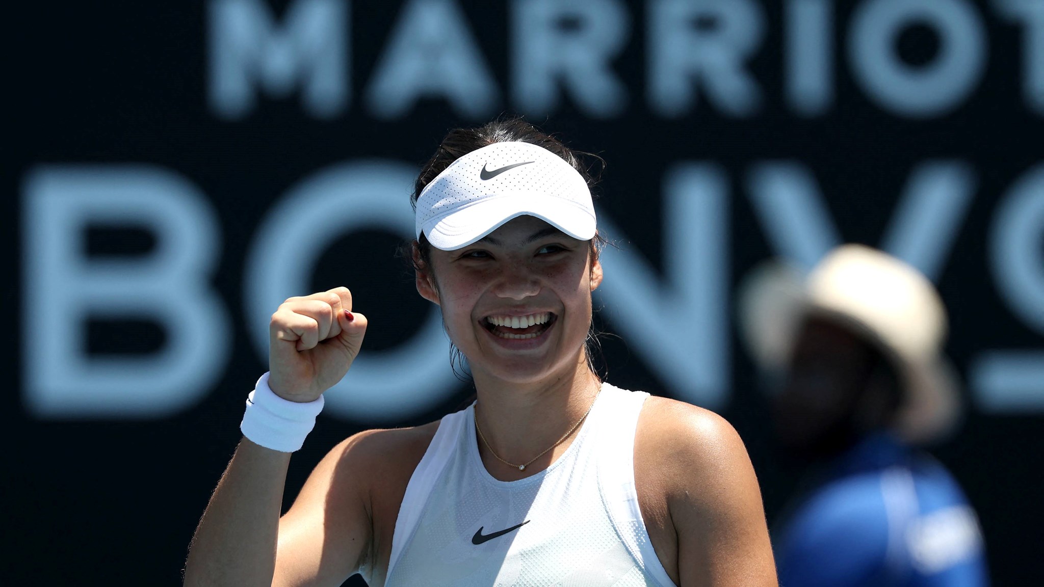 Emma Raducanu smiles after coming through the first round of the Australian Open against 26th seed Ekaterina Alexandrova
