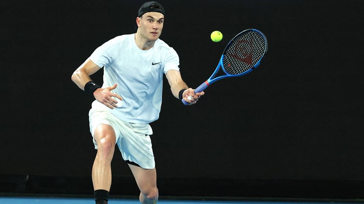 Jack Draper eyes up a forehand in the second round of the Australian Open