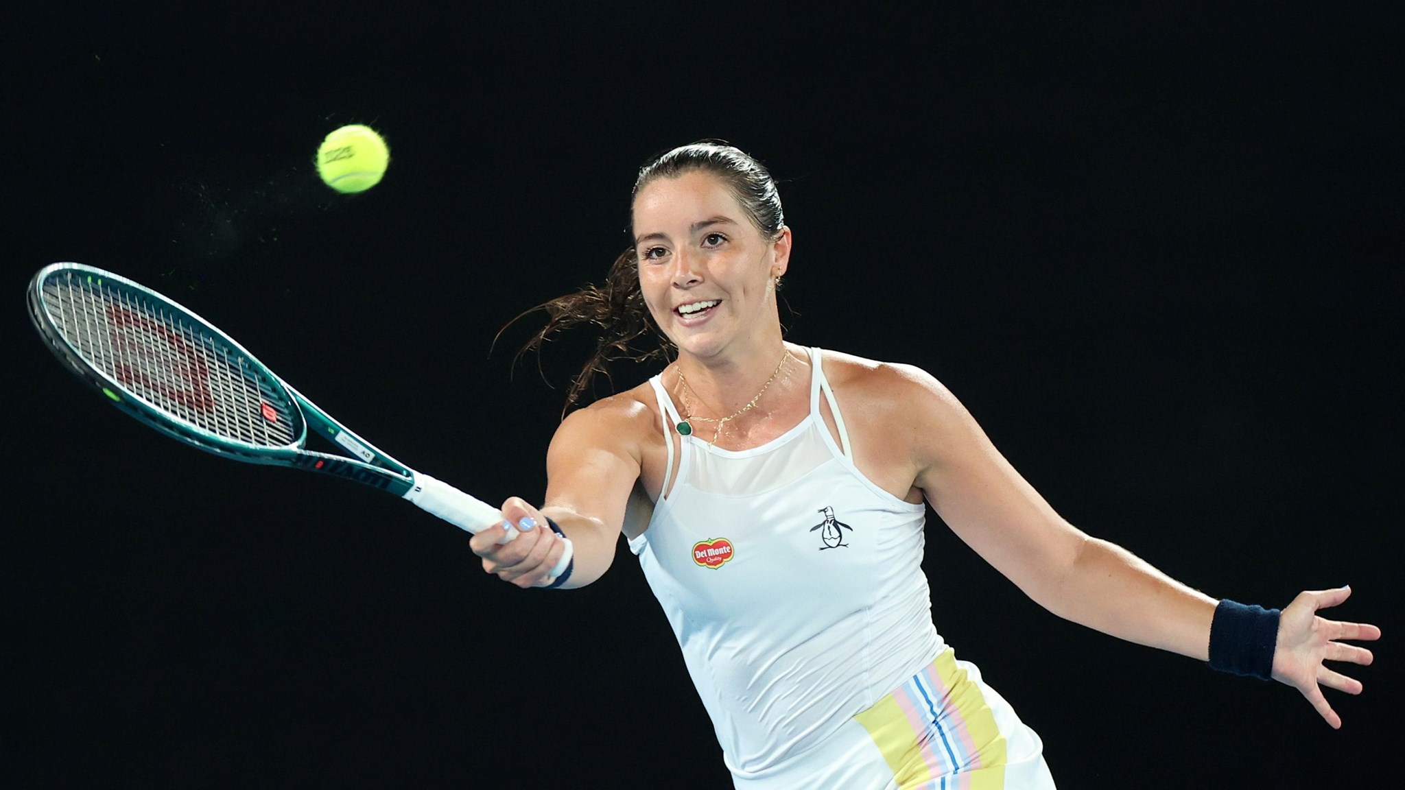 Jodie Burrage reaches for a volley against Coco Gauff at the Australian Open