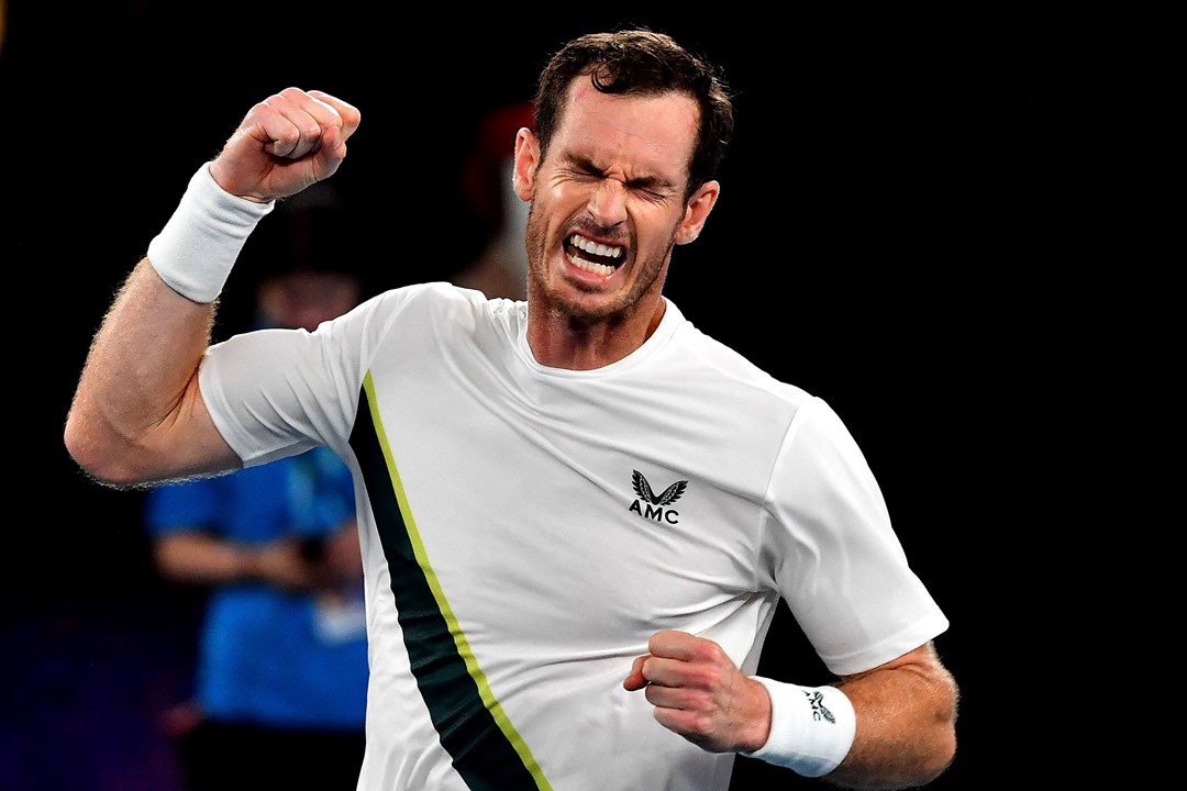 Andy Murray celebrates a five-set win in the opening round at the 2023 Australian Open