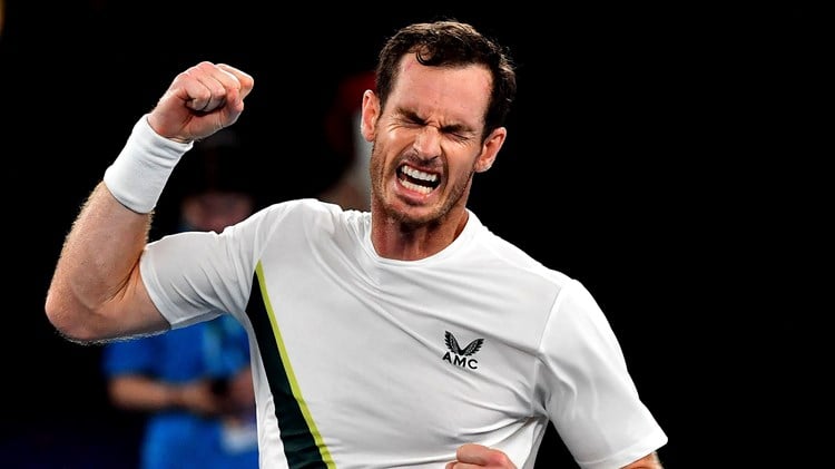 Andy Murray celebrates a five-set win in the opening round at the 2023 Australian Open
