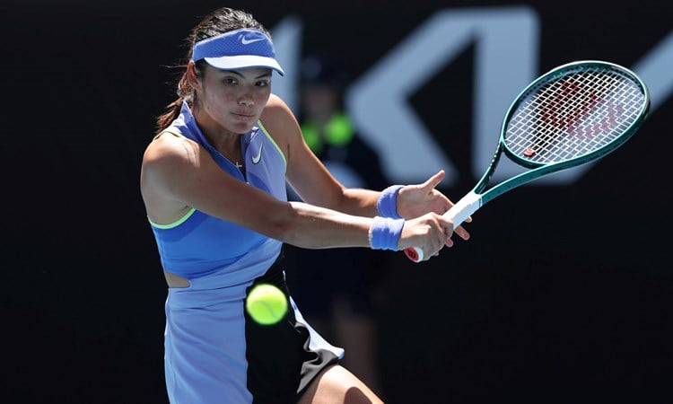 Emma Raducanu lines up a backhand at the Australian Open