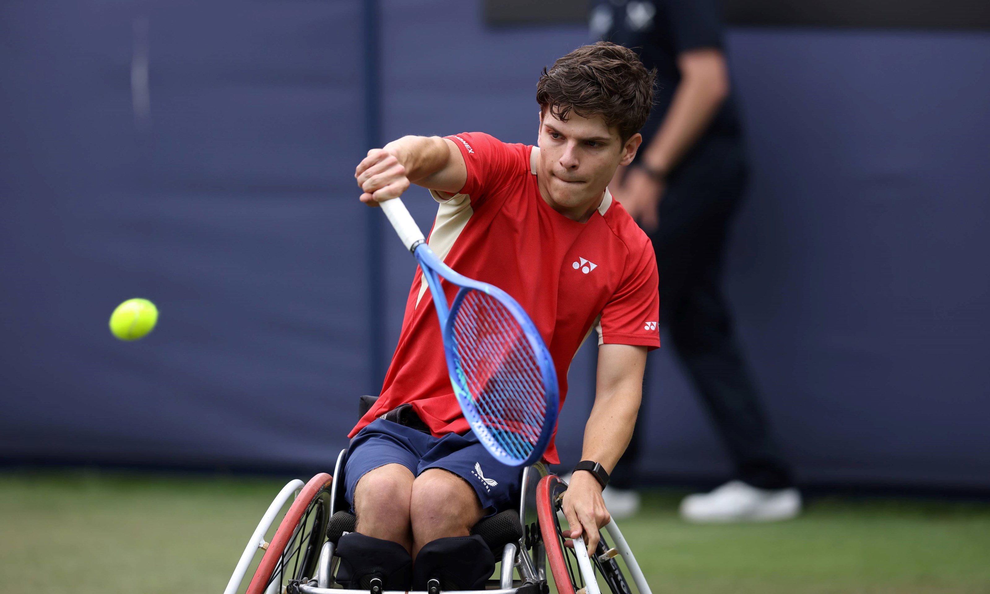 Greg Slade lines up a backhand on court at the Lexus Eastbourne Open