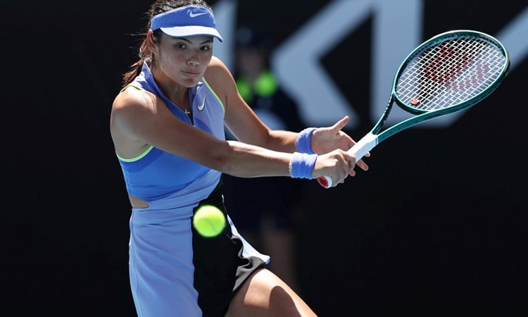 Emma Raducanu lines up a backhand at the Australian Open