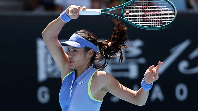 Emma Raducanu hits a forehand in the second round of the Australian Open