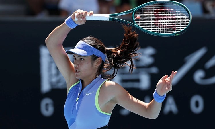 Emma Raducanu hits a forehand in the second round of the Australian Open