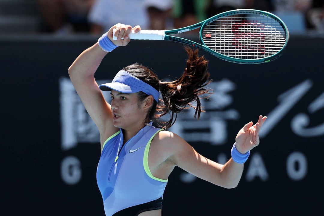 Emma Raducanu hits a forehand in the second round of the Australian Open