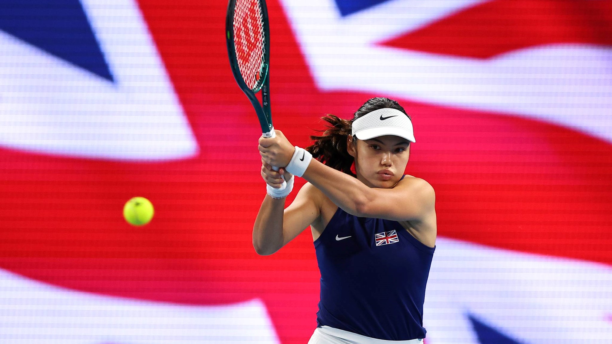 Emma Raducanu hits a backhand representing GB at the United Cup