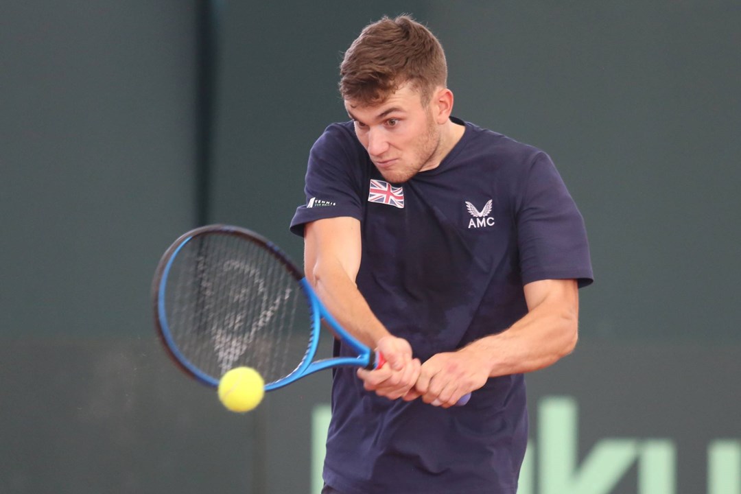 Jack Draper hitting a backhand in training at the Davis Cup Qualifier in Colombia