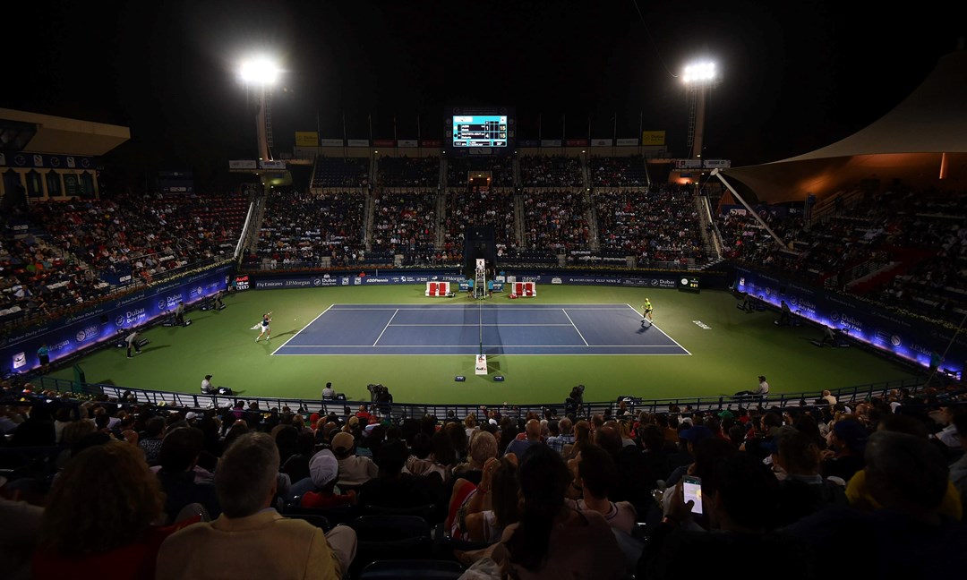 An image of a crowd looking onto court at the Dubai Duty Free Tennis Championships