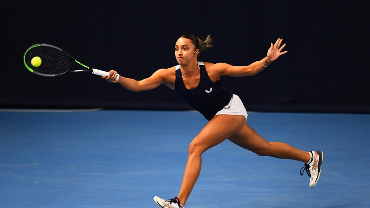 Eden Silva playing a forehand at the Battle of the Brits Premier League
