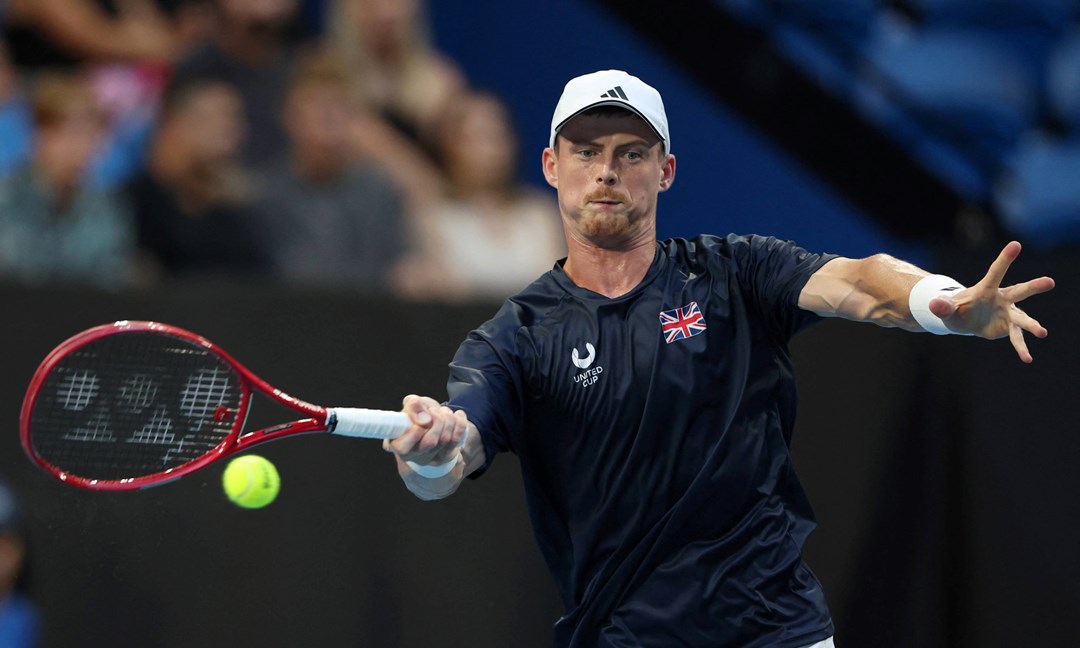 Billy Harris hits a forehand for GB at the United Cup