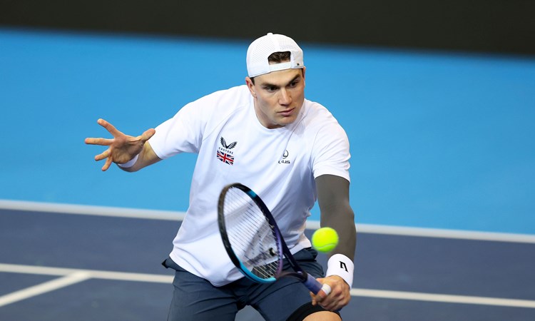 Jack Draper hits a backhand volley in training at the Davis Cup in Norway
