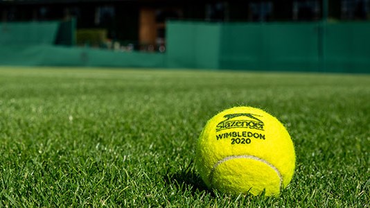 Wimbledon 2020 tennis ball lying on the grass court