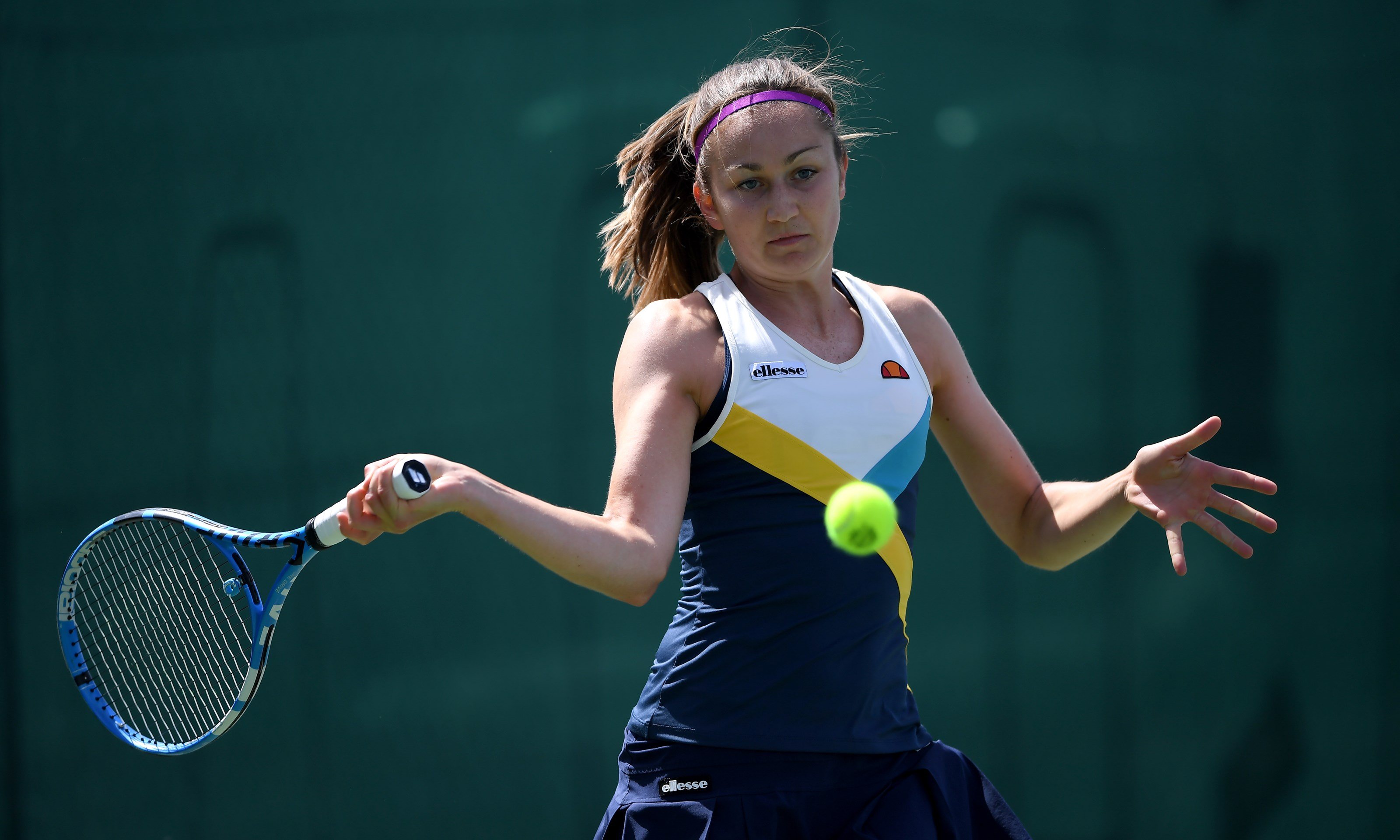 Olivia Nicholls hits a forehand during Day Four of The British Tour at the National Tennis Centre on 5 July 2020.
