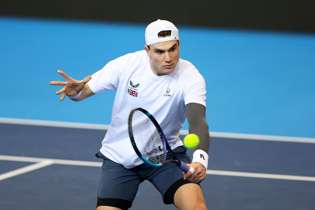 Jack Draper hits a backhand volley in training at the Davis Cup in Norway