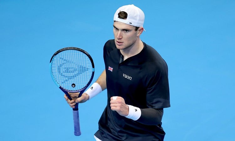 Jack Draper celebrates winning a point at the Davis Cup against Norway