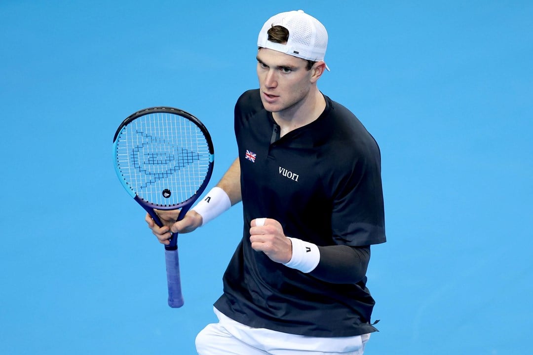Jack Draper celebrates winning a point at the Davis Cup against Norway