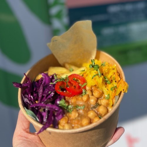 A chickpea curry in a takeaway box from the Lexus Birmingham Open